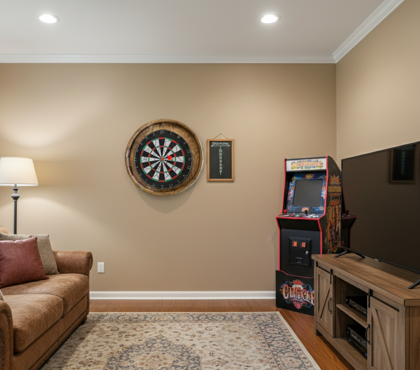 Game room with dartboard, arcade machine, and television.