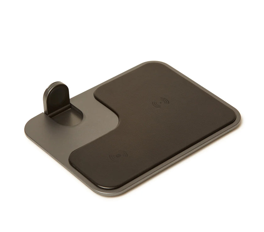 Black wireless phone charger on a white background