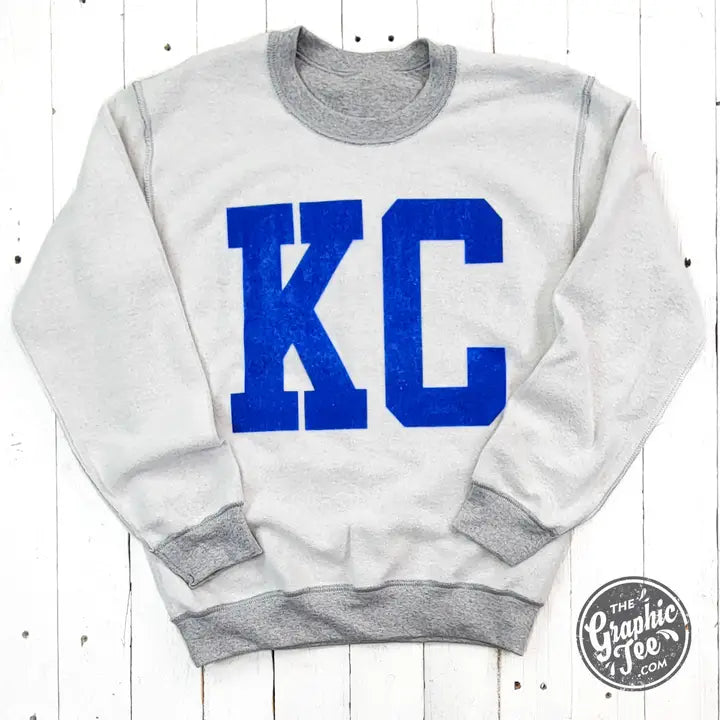 Kansas City Royal Blue Ink Reversible Sport Grey Crewneck Sweatshirt | The Graphic Tee
