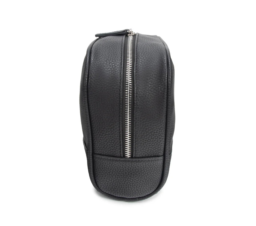 Black leather toiletry bag with a zipper on a white background