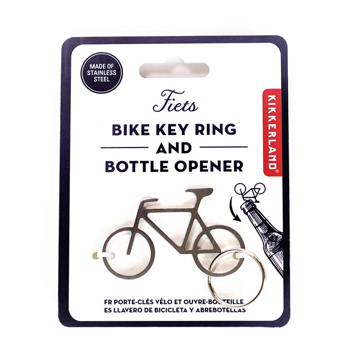 Packaging of a bike key ring and bottle opener with bicycle illustration on a white background