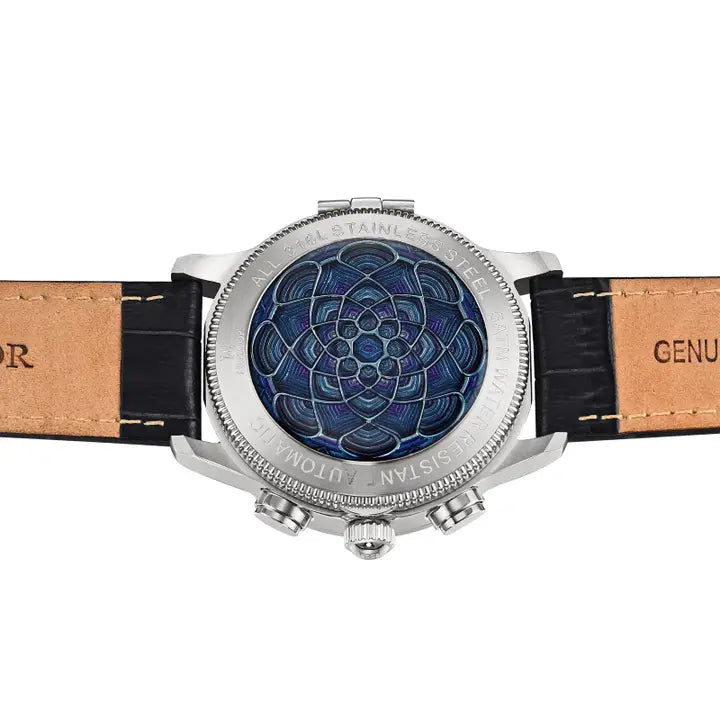 Apostle Leather Band Watch with Day/Date (Blue Face with Leather Band) | Heritor Automatic