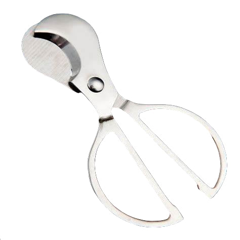 A silver-colored metal cigar scissor cutter with a scissor-style cut