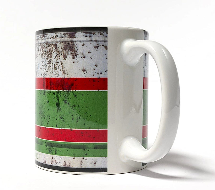 Mug with a design featuring red and green stripes on a white background