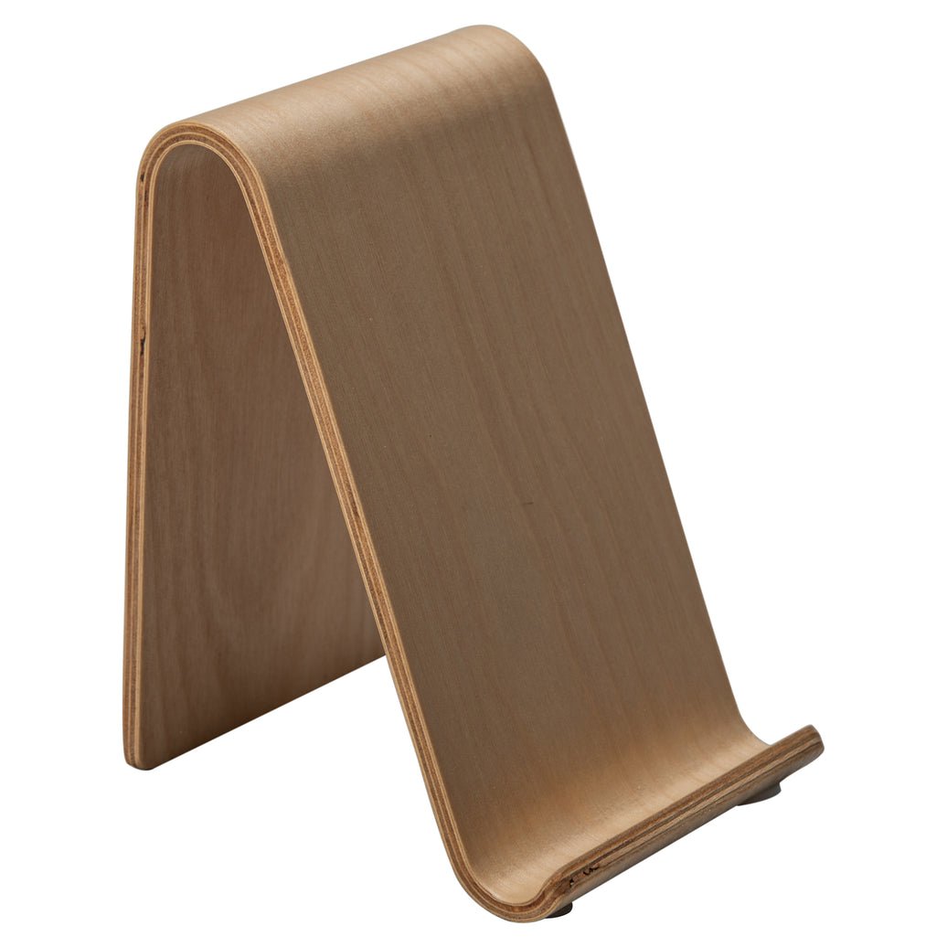 A beige birch veneer phone stand with a curved shape, designed to hold a phone.