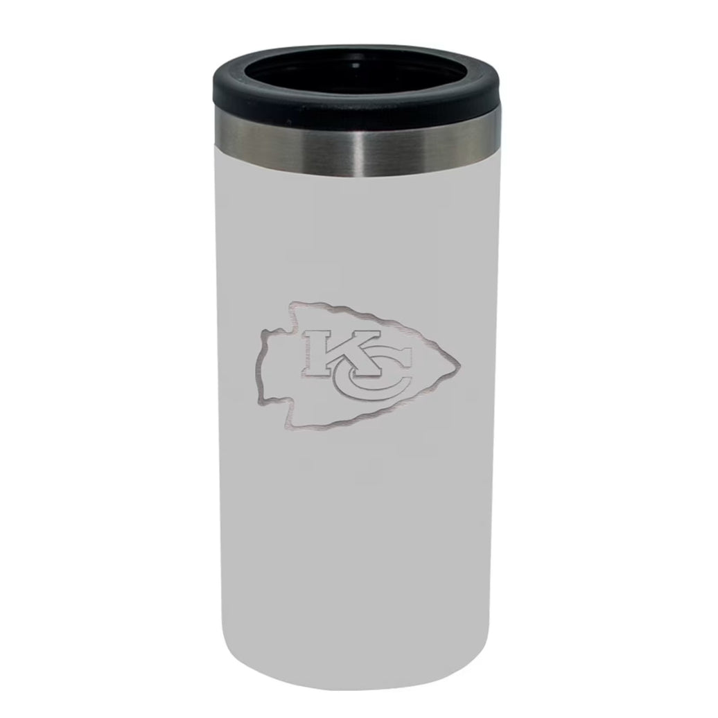 A white slim can koozie with the KC Chiefs logo printed on it.