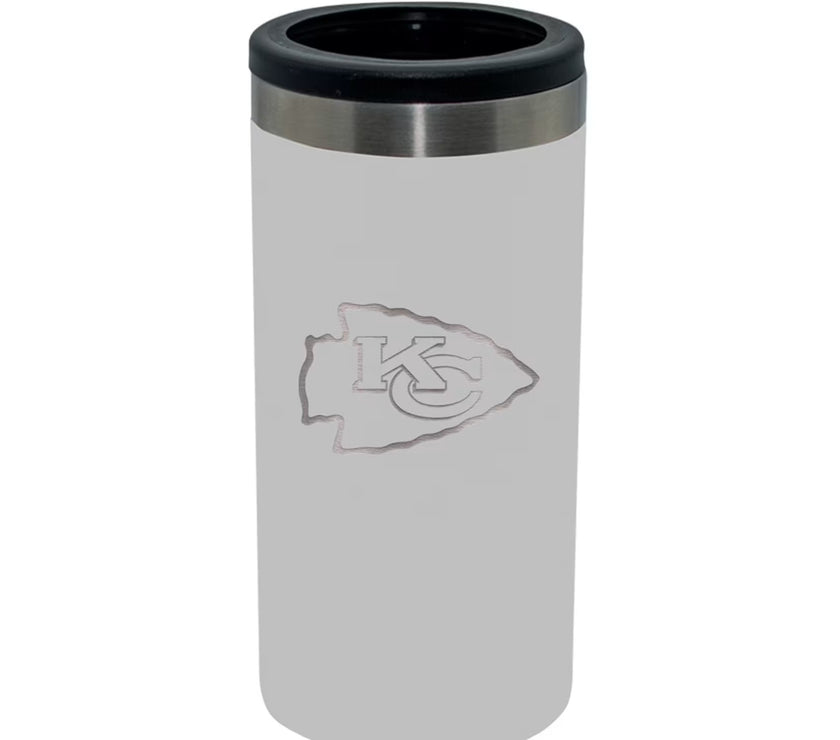 A white slim can koozie with the KC Chiefs logo printed on it.
