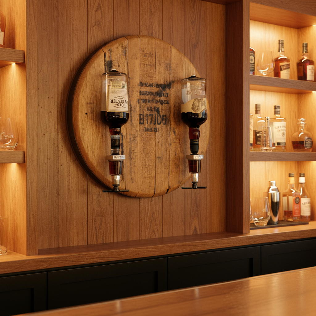 Wooden barrel head with mounted with alcohol bottles with dispensers below mounted on a bar wall