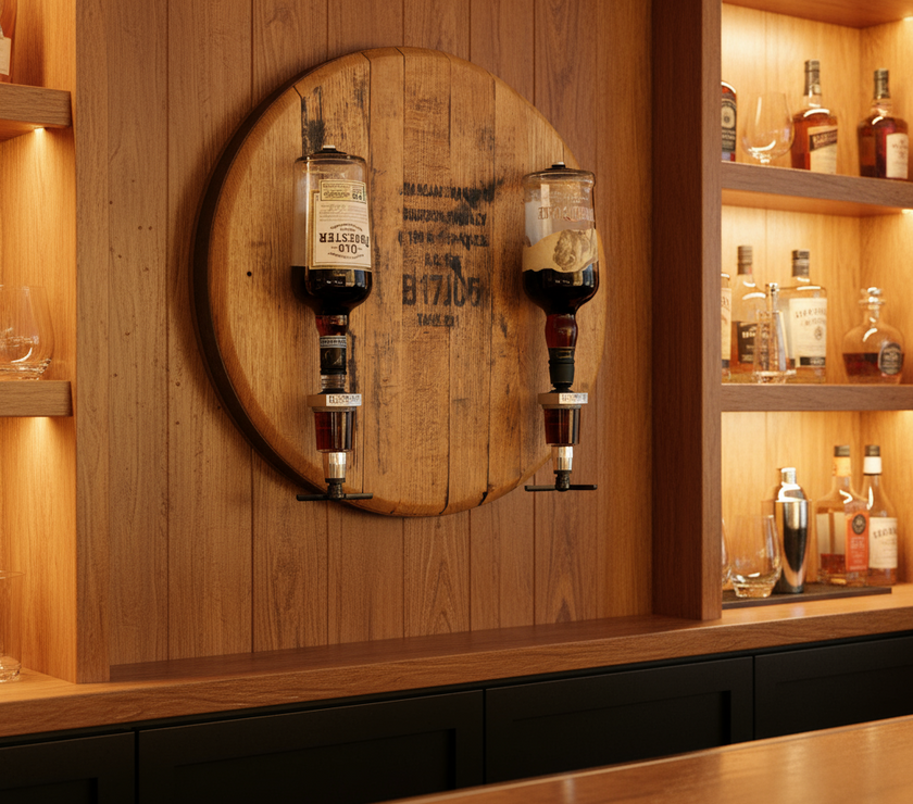 Wooden barrel head with mounted with alcohol bottles with dispensers below mounted on a bar wall
