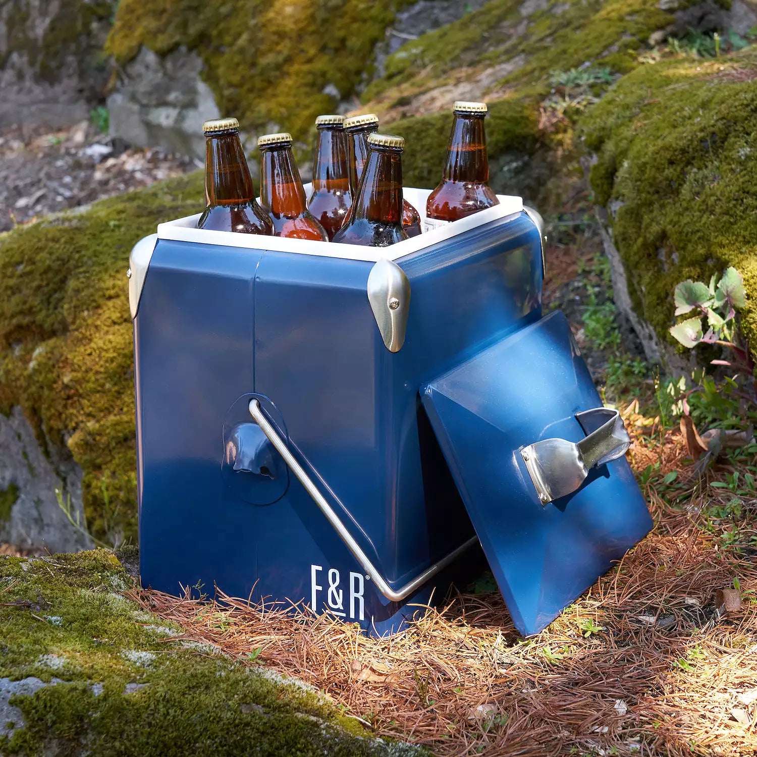 Blue cooler with 'F&R' branding holding six bottles outdoors.