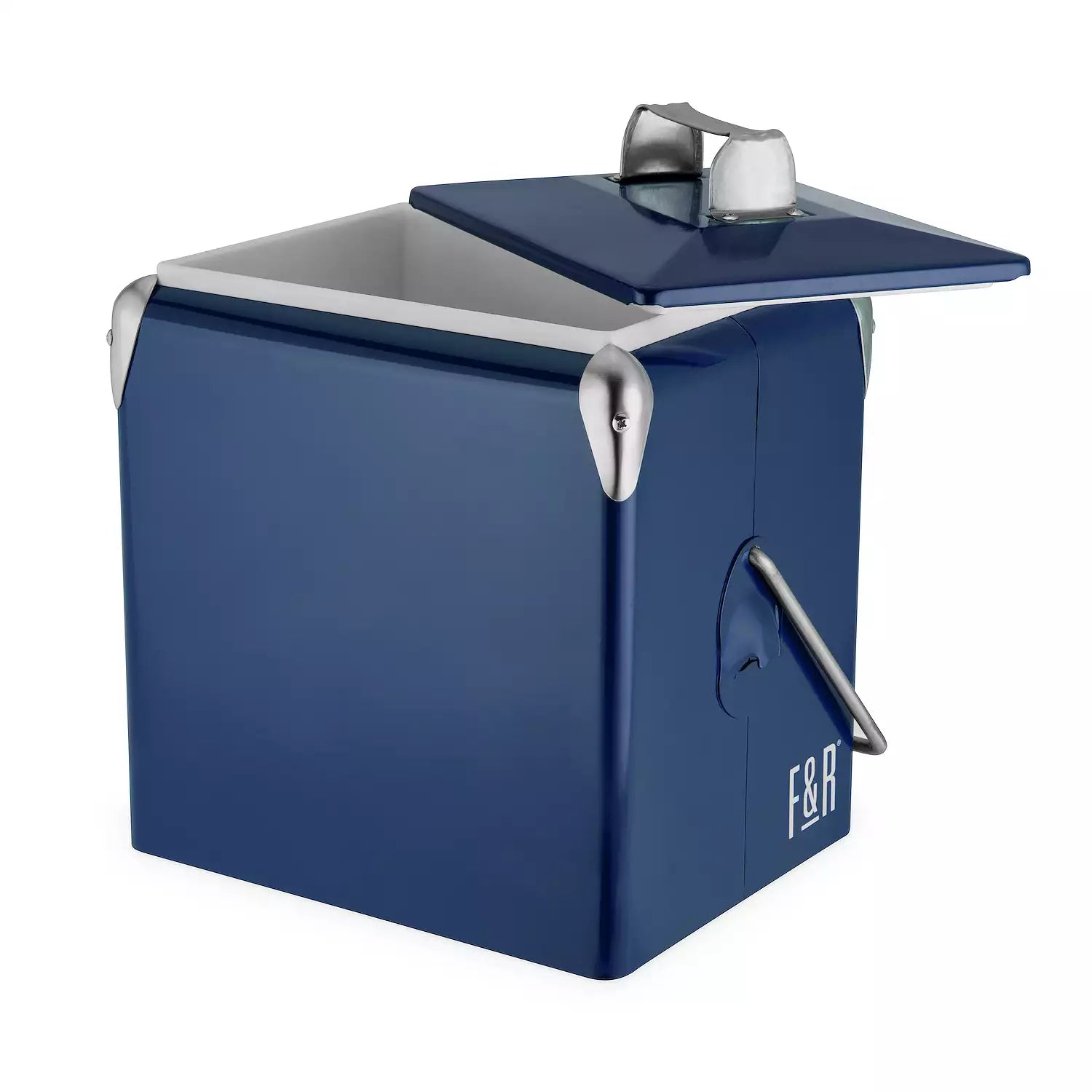 Blue metal cooler with a silver lid on a white background