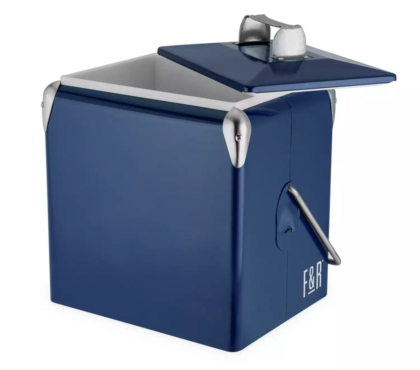 Blue metal cooler with a silver lid on a white background