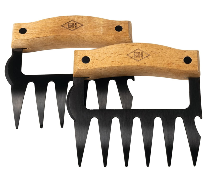 Two wooden-handled meat shredders with black metal teeth on a white background