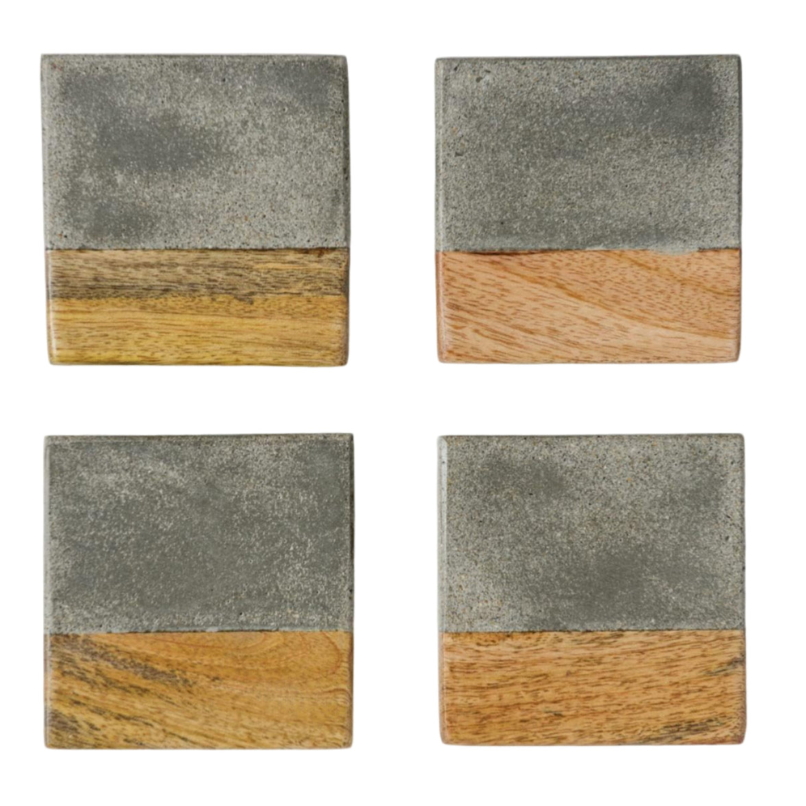 Four square coasters with a two-tone design of gray cement and wood on a white background.