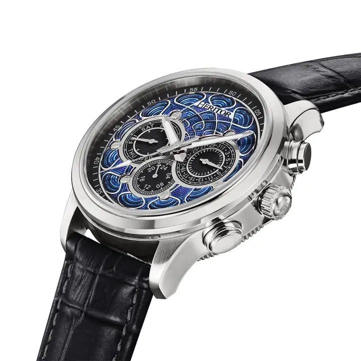 Apostle Leather Band Watch with Day/Date (Blue Face with Leather Band) | Heritor Automatic