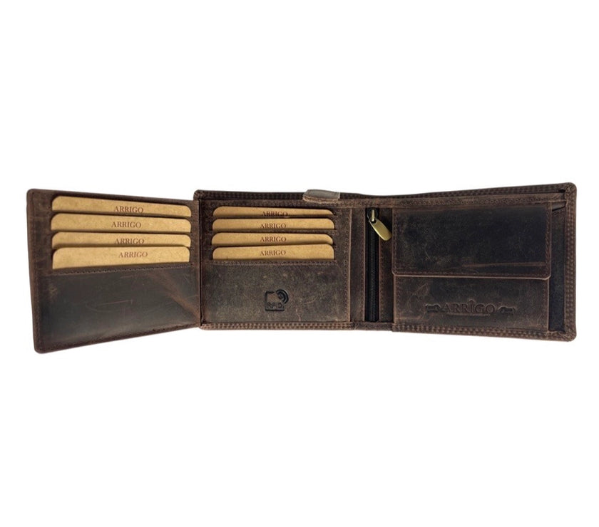 Buffalo Leather - RFID Men's Wallet - Dark Brown