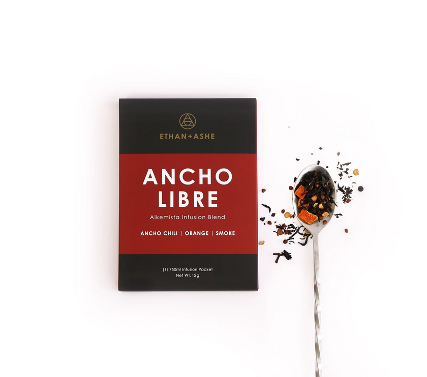 Ethan Ashe Ancho Libre tea package with a spoonful of tea leaves on a white background