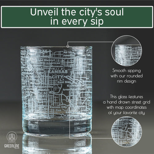 KANSAS CITY ETCHED STREET GRID WHISKEY GLASSES