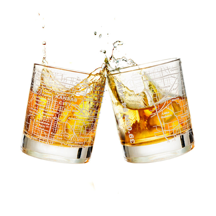 KANSAS CITY ETCHED STREET GRID WHISKEY GLASSES