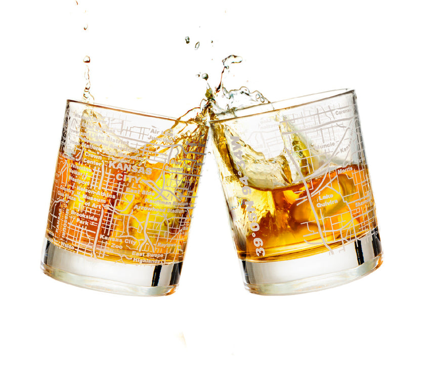 KANSAS CITY ETCHED STREET GRID WHISKEY GLASSES