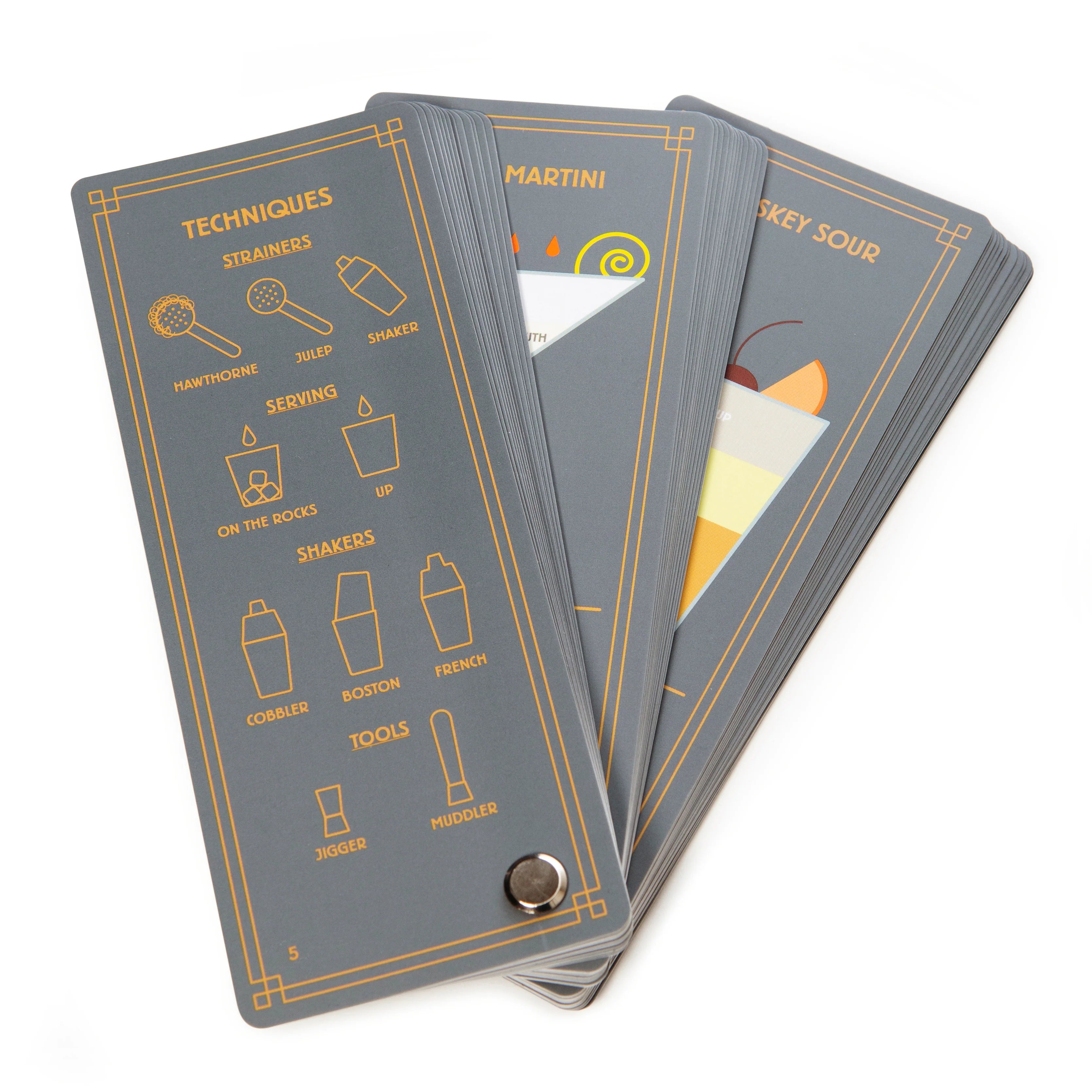  Cocktail Swatches slightly spread apart to show drinks and technique cards, all attached by a metal piece.