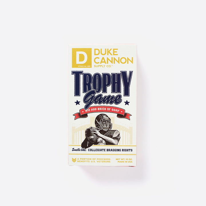 A bar of Duke Cannon soap in its package with "Trophy Game" on the box.