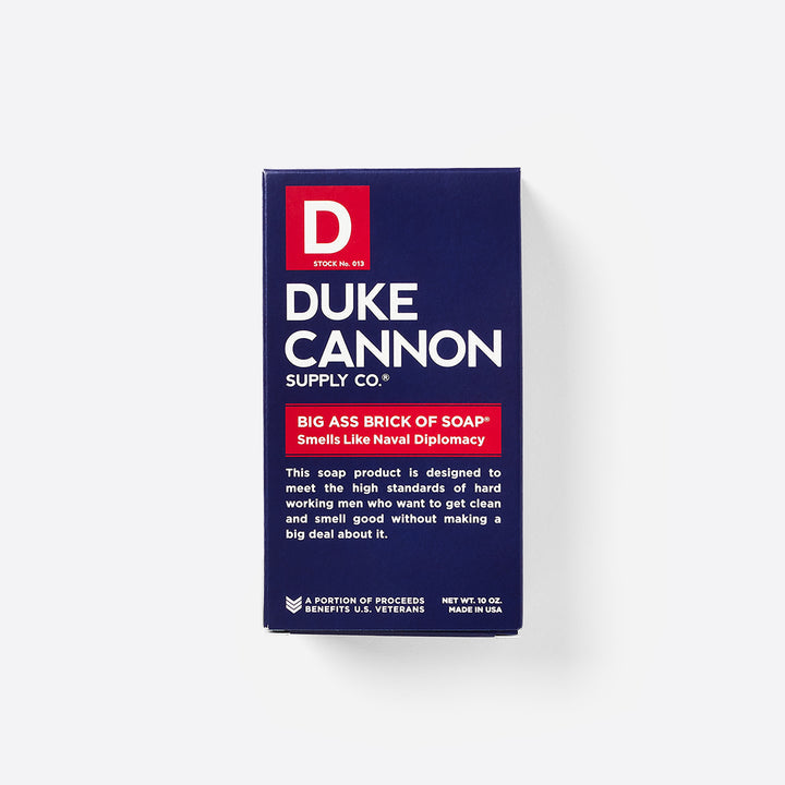 The packaging box for Duke Cannon's Big Ass Brick of Soap; Smells like Naval Diplomacy.