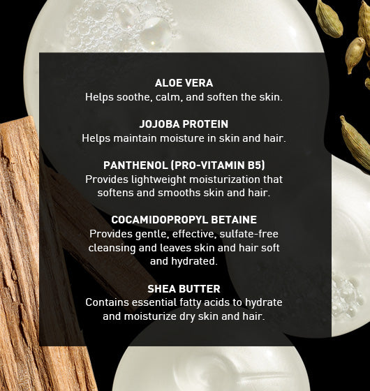 A text graphic describing key ingredients for Jack Black Reserve Body & Hair Cleanser.