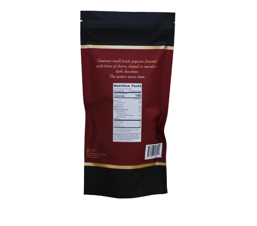 Back of the Bear Food Gourmet Popcorn Dark Chocolate Cherry packaging with nutrition facts on a white background