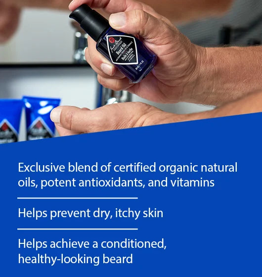 A person using Jack Black Beard Oil with a text graphic below describing its benefits.
