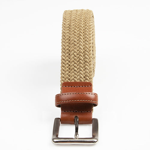 A woven beige material and brown leather belt.