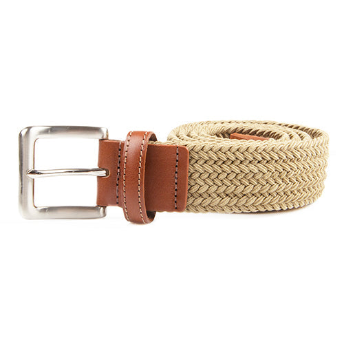 A woven beige material and brown leather belt.