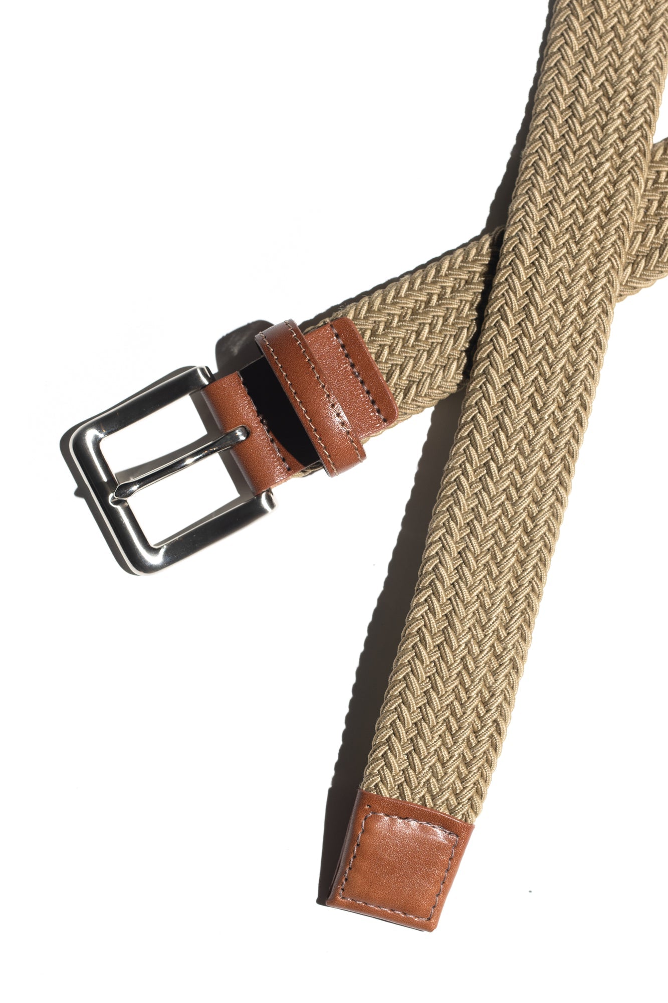 A beige woven leather belt with a traditional buckle and nickel finish, displayed against a white background.