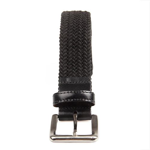 A black woven stretch belt with a traditional buckle and nickel finish, displayed against a white background.