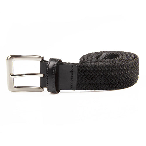 A black woven stretch belt with a traditional buckle and nickel finish, displayed against a white background.