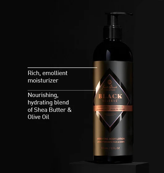 A bottle of Jack Black Reserve Body Lotion the text describing some of its key points.