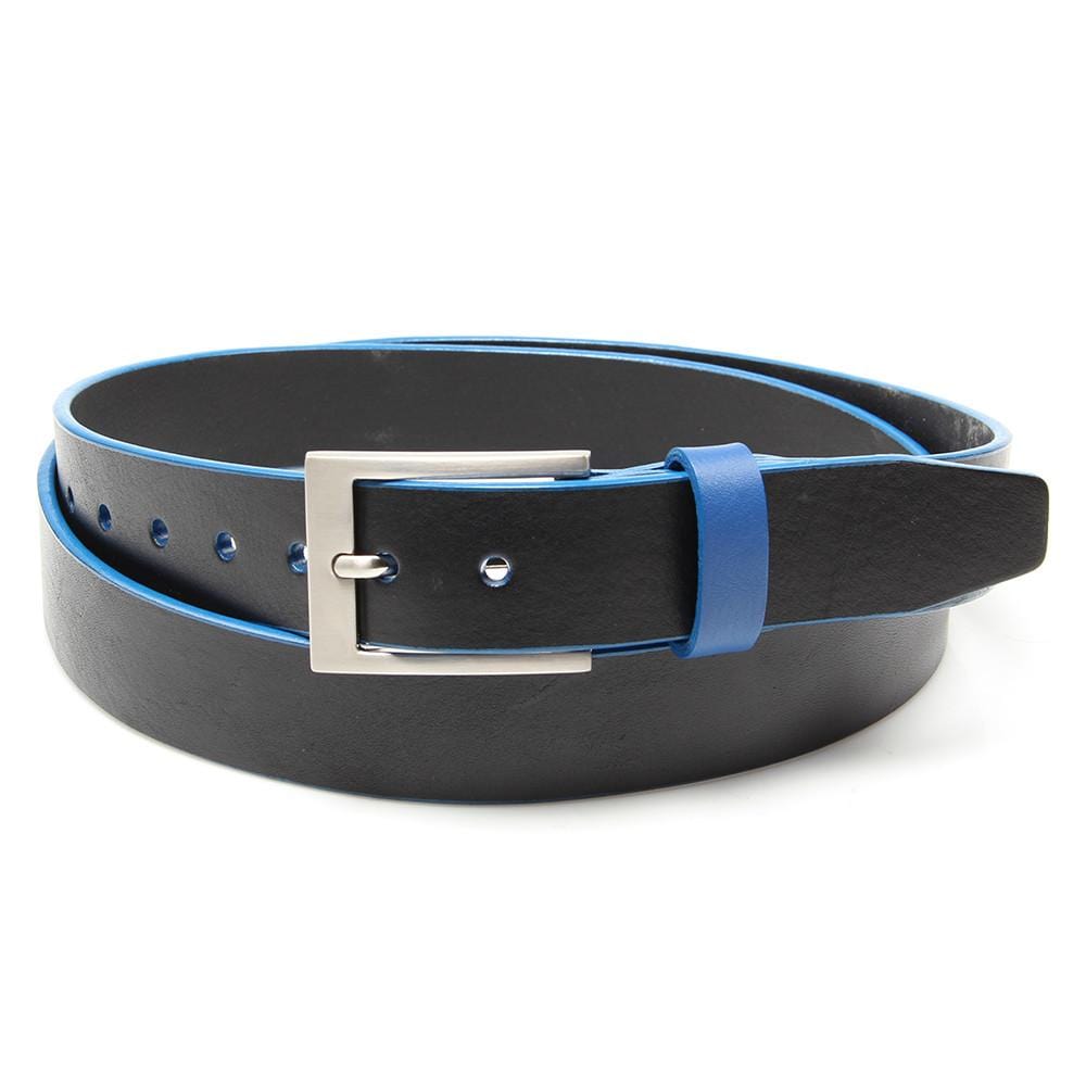 A black leather belt with sharp blue trim and a keeper, featuring a traditional buckle with nickel finish.