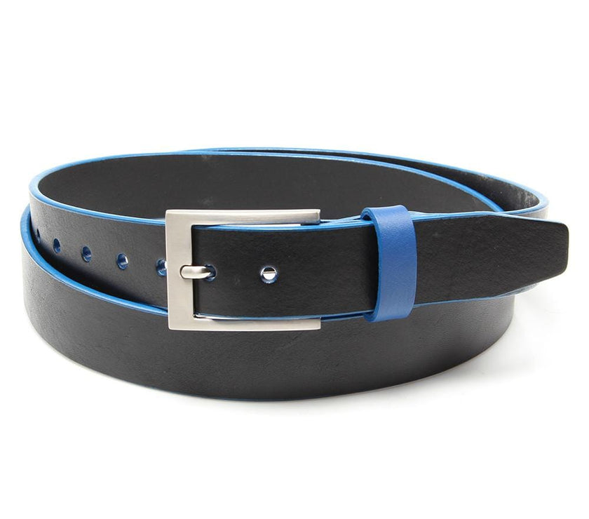 Black Leather Belt with Sharp Blue Trim & Keeper