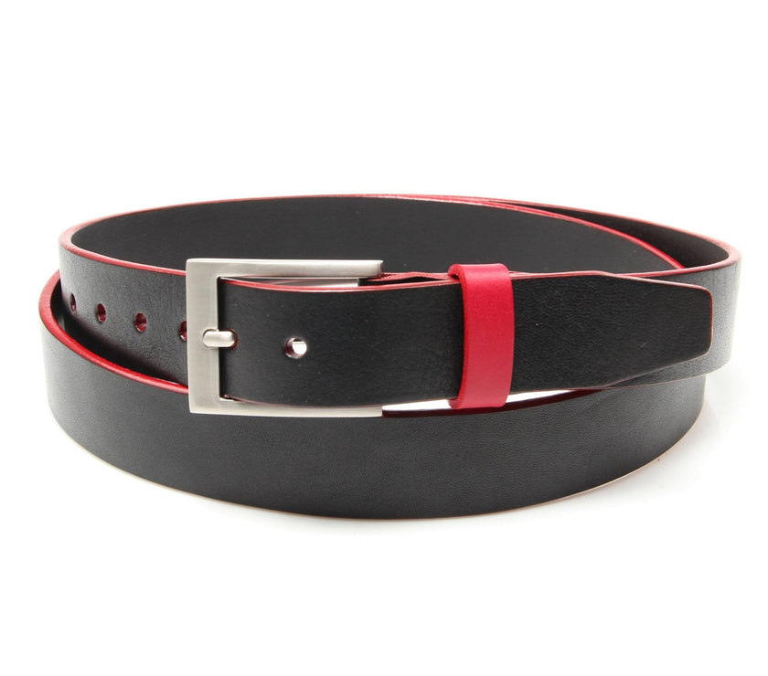 Black Leather Belt with Portsalon Red Trim & Keeper