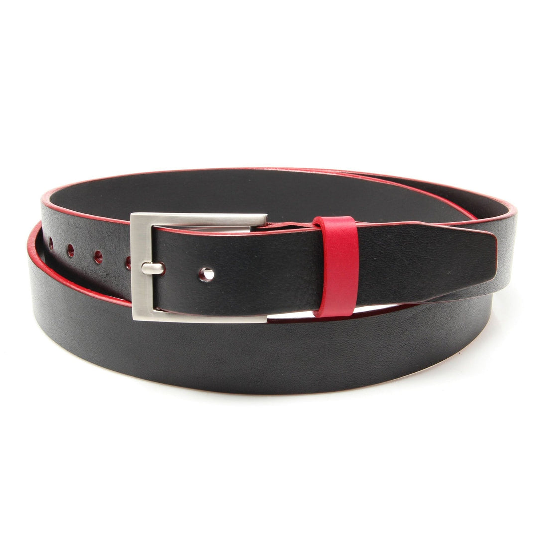 A black leather belt with red trim and a metallic buckle.