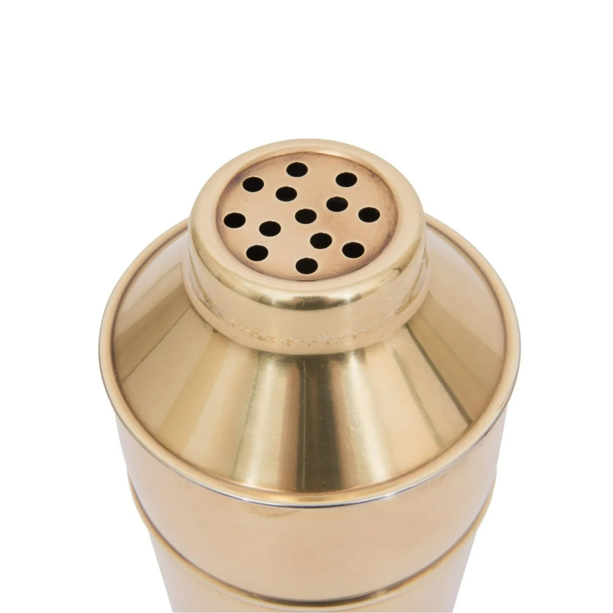 Top of a brass finished cocktail shaker on a white background