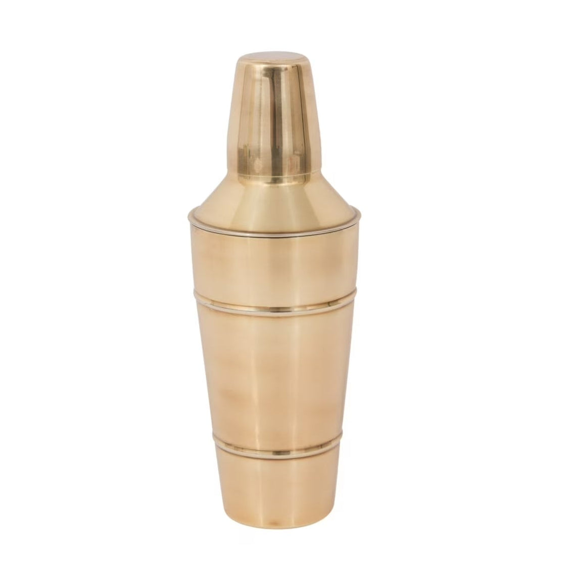 Brass finished stainless steel cocktail shaker on a white background