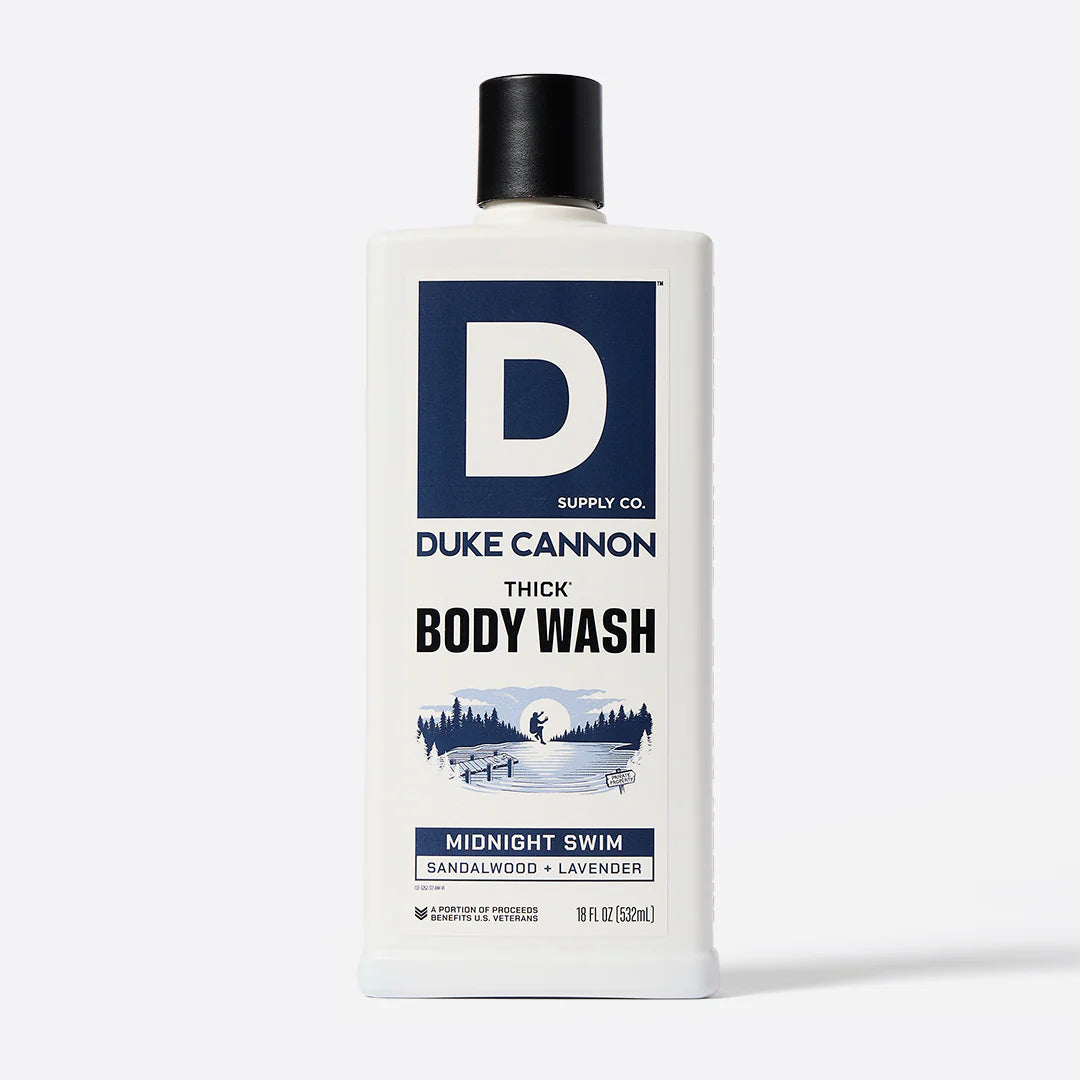 Bottle of Duke Cannon body wash on a white background