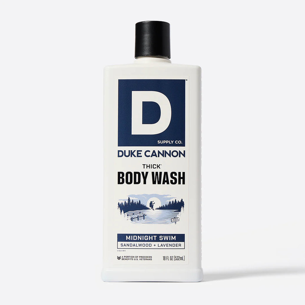 Bottle of Duke Cannon body wash on a white background