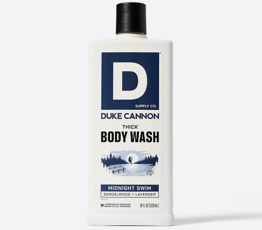 Bottle of Duke Cannon body wash on a white background