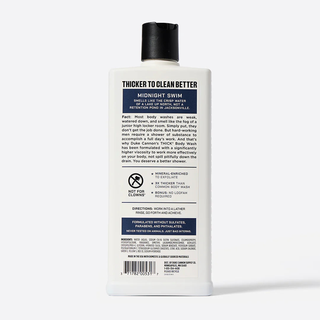Back of a bottle of Duke Cannon body wash with label on a white background