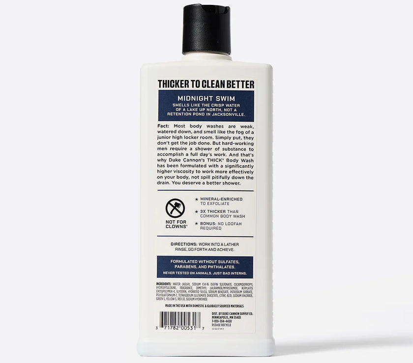 Back of a bottle of Duke Cannon body wash with label on a white background