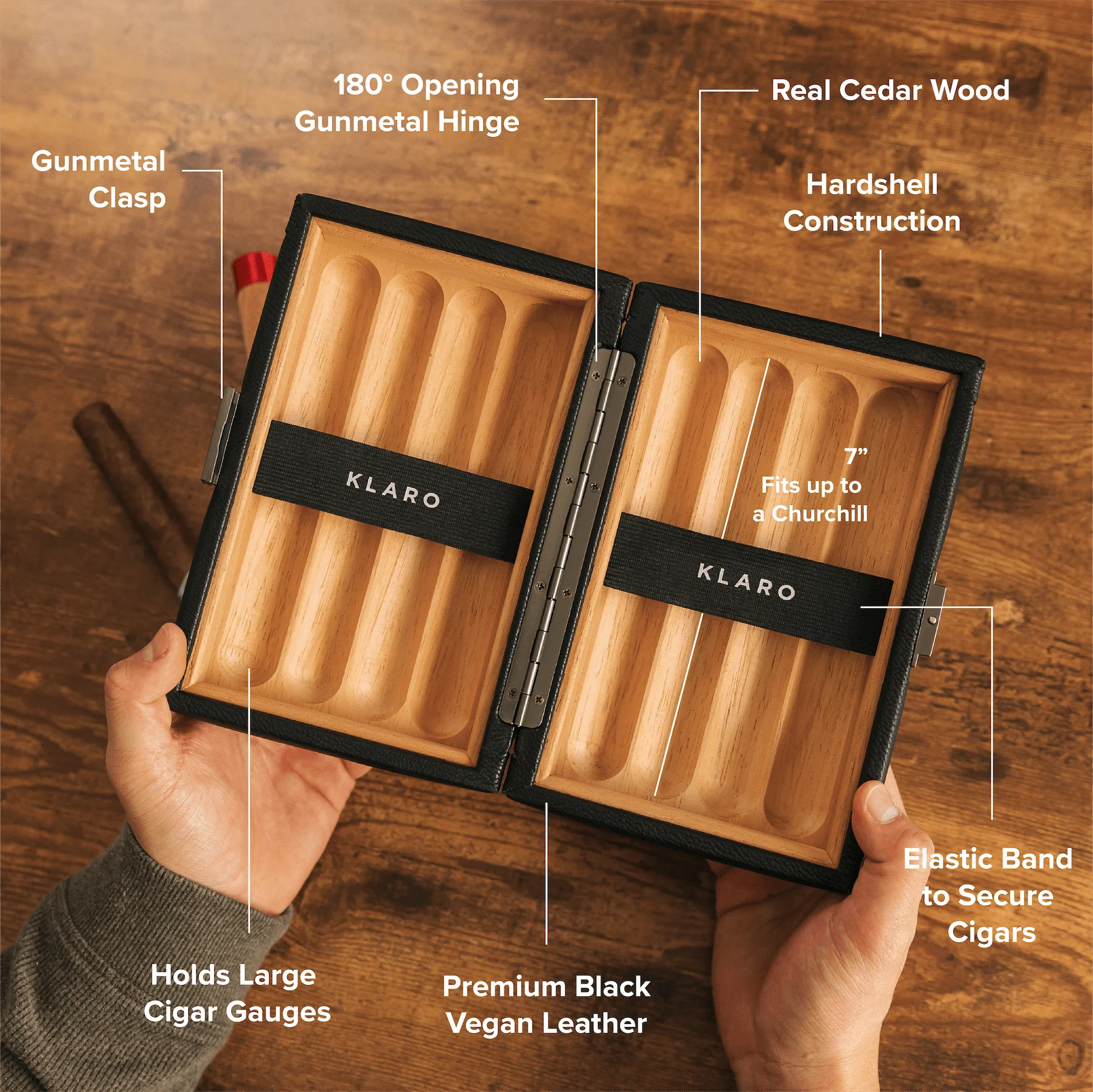 Wooden cigar humidor with KLARO branding on a wooden surface, showing features like gunmetal clasp and real cedar wood.