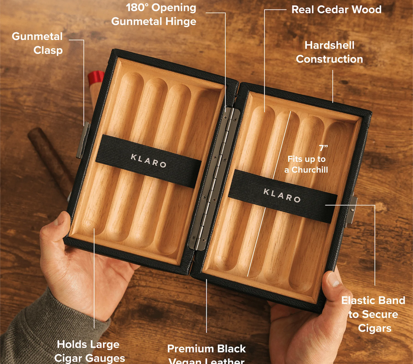 Wooden cigar humidor with KLARO branding on a wooden surface, showing features like gunmetal clasp and real cedar wood.