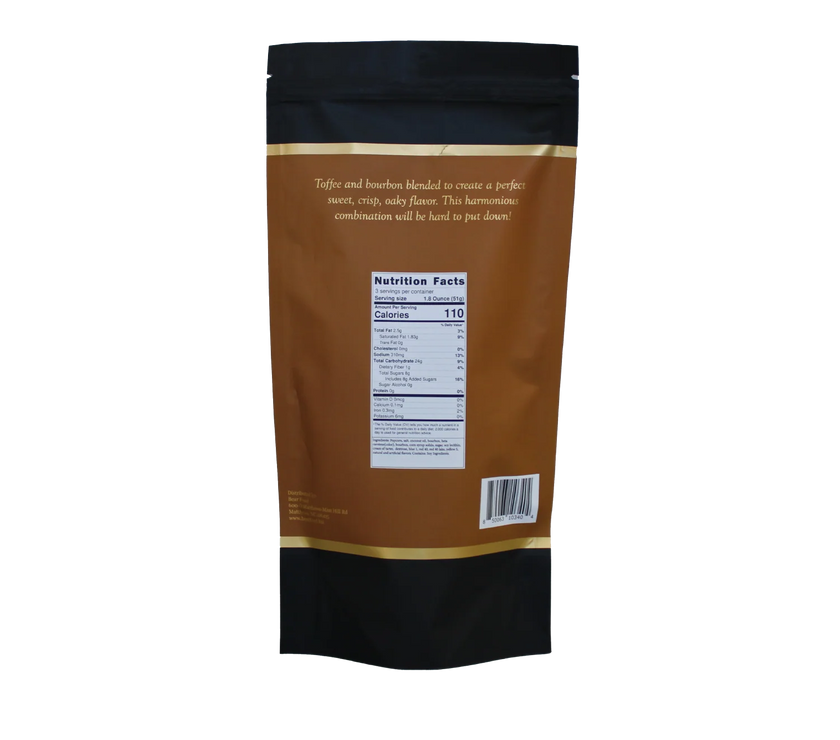 Brown package of toffee popcorn with black top and bottom on a white background